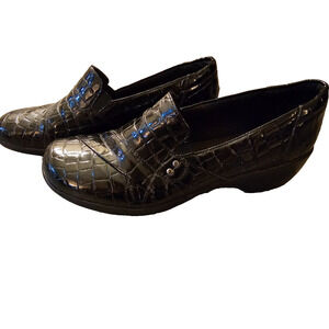 Clarks Bendables Womens Black Faux Croc May Poppy Loafers Slip On Shiny Size 8
